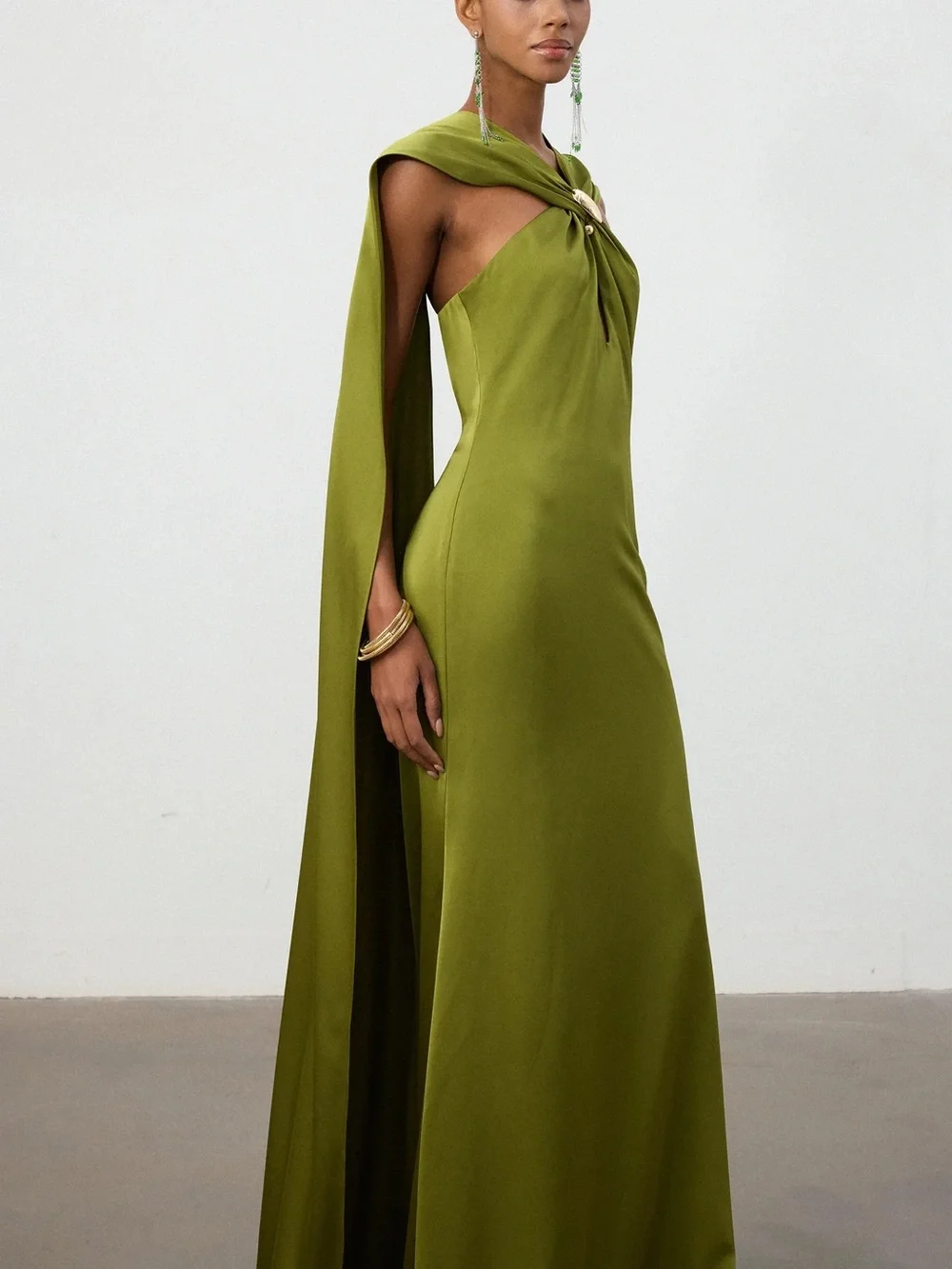 Skye and Iris Olive Green Satin Cape Column Gown - Picture 2 of 3